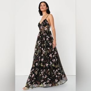 Lulu's Radiant Fantasy Black Floral Embroidered Tulle Maxi Dress NWOT